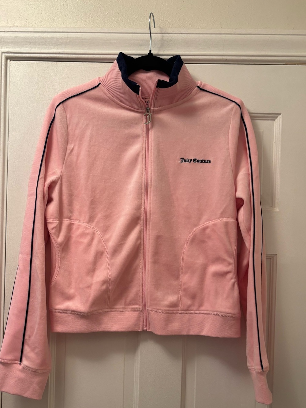 Pickleball Lovers Juicy Couture Pink Velour Zip Jacket with Navy Trim
Size Large